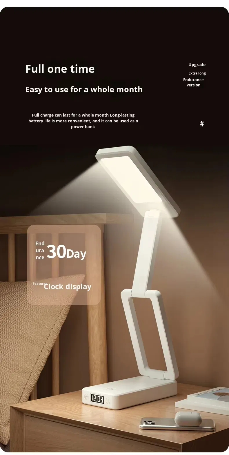 Rechargeable Folding Desk Lamp, Clock Reading Desk Lamp