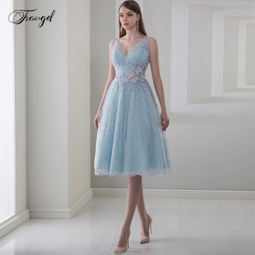 Traugel VNeck A Line Knee-Length Lace Cocktail Dresses Chic Applique Beading Tank Sleeve 3D Flower Short Prom Evening Party Gown