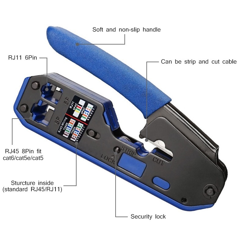 All in one EZ RJ45 Tool Network Crimper Cable Crimping Tools for RJ45 Cat7 Cat6 Cat5 RJ11 RJ12 Modular Plugs Metal Clips Pliers