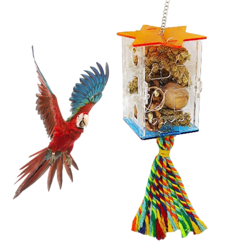 Bird Foraging Toys Parrot Feeder Intelligence Cage Acrylic Food Box Swing Rope Toys Millet Container for Cockatiel Conure