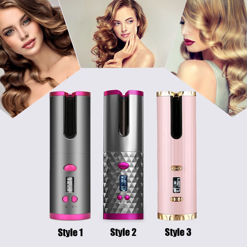 Portable Wireless Automatic Curling Iron Hair Curler Rotating Ceramic Hair Curler USB Rechargeable for LCD Display Curly Machine