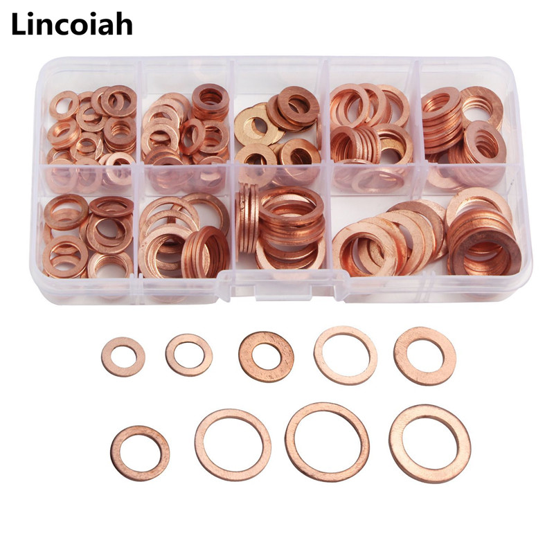 200Pcs Copper Washer Gasket Nut and Bolt Set Flat Ring Seal Assortment Kit With Box M5/M6/M8/M10/M12/M14 for Sump Plugs Water