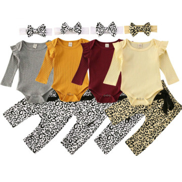 0-18M Newborn Baby Boy Girl Long Sleeve Cotton Bodysuit Tops Leopard Long Pant Trouser Headband 3PCS Baby Clothing Set