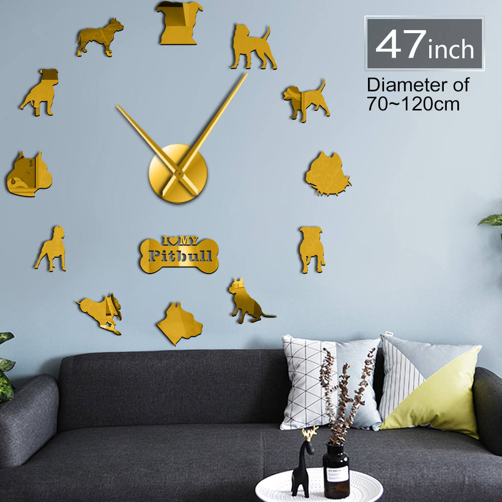 Pitbull Laser Cut 3D DIY Mute Wall Clock Dog Puppy Animals Acrylic Clock Wall Stickers for Living Room Gifts For Pitbull Lovers