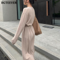 BGTEEVER Casual Loose V-neck Sweater Midi Dress Women 2020 Winter Slim Waist Lace-up Female Split Knitted A-line Dress Vestidos