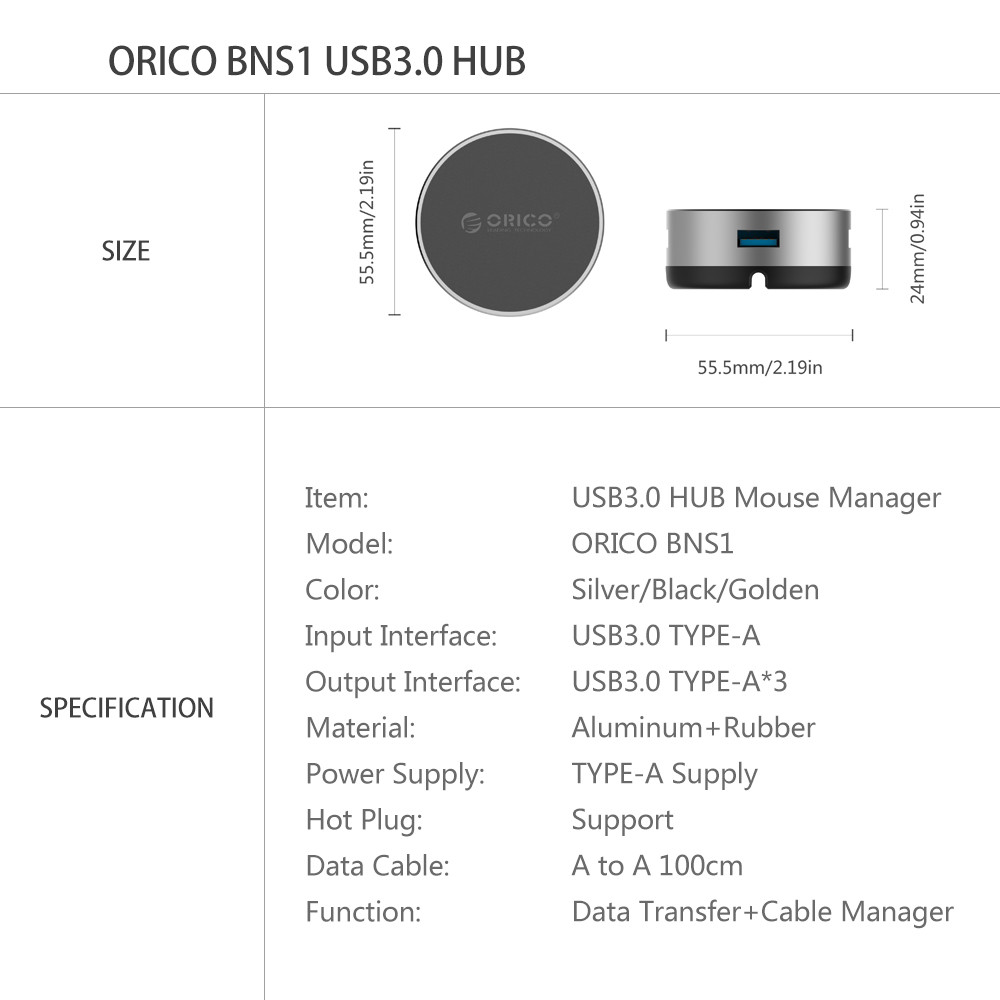 ORICO USB HUB Aluminum 3 Port USB3.0 Circular HUB with Mouse Cable Management USB Splitter for iMac Computer Laptop Accessories