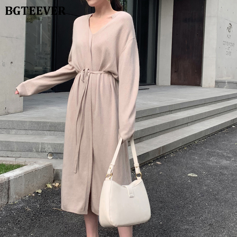 BGTEEVER Casual Loose V-neck Sweater Midi Dress Women 2020 Winter Slim Waist Lace-up Female Split Knitted A-line Dress Vestidos