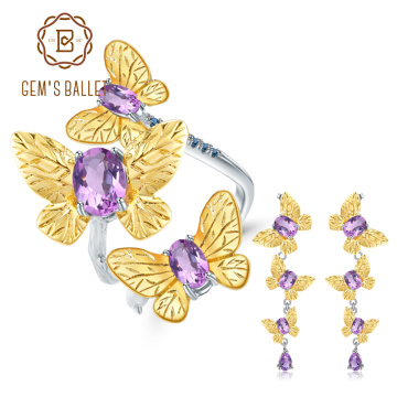 GEM'S BALLET 6.89Ct Natural Amethyst Handmade Butterfly Fine Jewelry 925 Sterling Silver Ring Earrings Jewelry Sets For Women