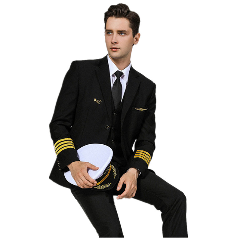 New Captain Airline Pilot Costume Army Uniform Coat+Pants Black Professional Workwear Suit Plus Size For Handsome Gentleman