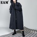 [EAM] 2021 New Spring Drawstring Full Sleeve Hooded Collar Loose Zipper Thin Big Size Long Coat Women Jacket Fashion Tide OB113