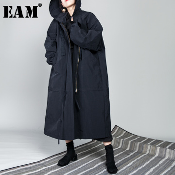 [EAM] 2021 New Spring Drawstring Full Sleeve Hooded Collar Loose Zipper Thin Big Size Long Coat Women Jacket Fashion Tide OB113