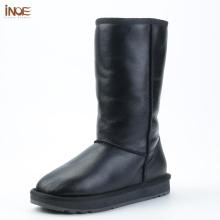 INOE Classic Women Waterproof Knee High Sheepskin Leather Winter Boots Shearling Wool Fur Lined Snow Boots Keep Warm Shoes Black