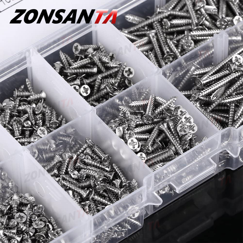 ZONSANTA 400Pcs M2 Cross Flat Head Self Tapping Screw Assortment Kit Wood Thread Nail Screw Sets DIY Countersunk Head Smal Scres