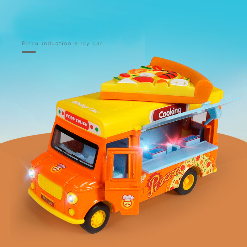 Pull Back Car Food Truck Vehicle Toy Car with Music Light and Openable Doors Awning, Ice Cream Toy Cart Alloy Toys Diecast