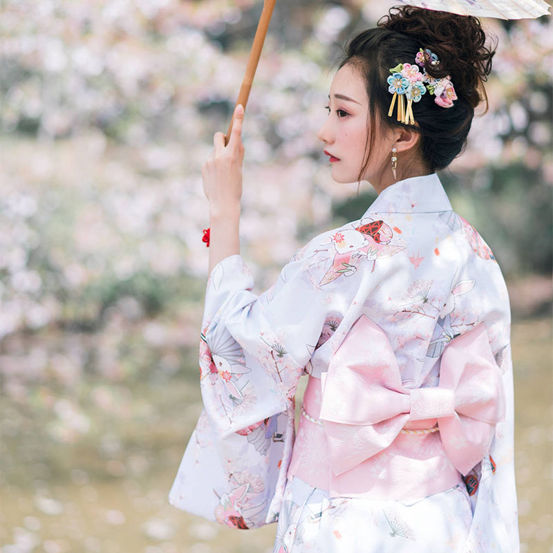 Women's Kimono Robe Traditional Japan Yukata Light pink Color flowers Prints Summer Dress Performing Wear Cosplay Clothing