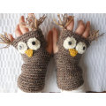 Crochet Fingerless Mittens Gloves Beige Owl