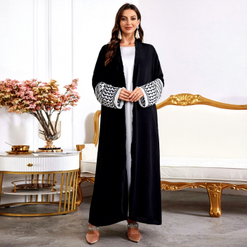 Embroidered Sleeves Line Black Abaya Cardigan