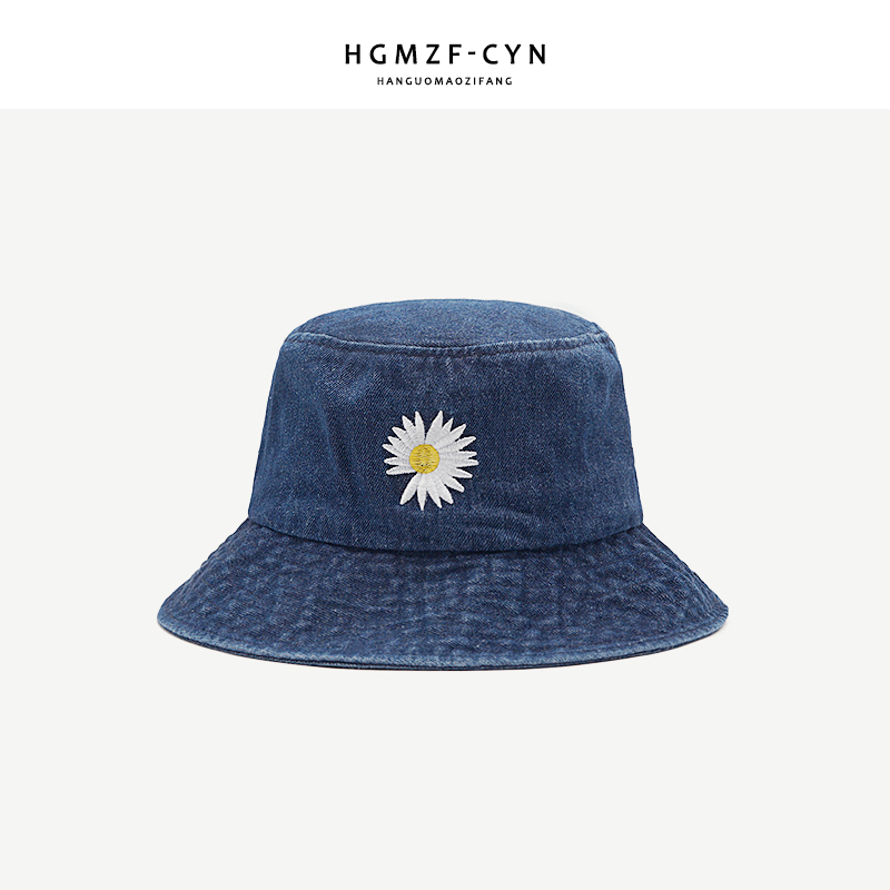 INS Korean Daisy Embroidery Bucket Hat Women Men Panama Summer Sun Hat Fashion Flower Bob Washed Denim Fisherman Hat