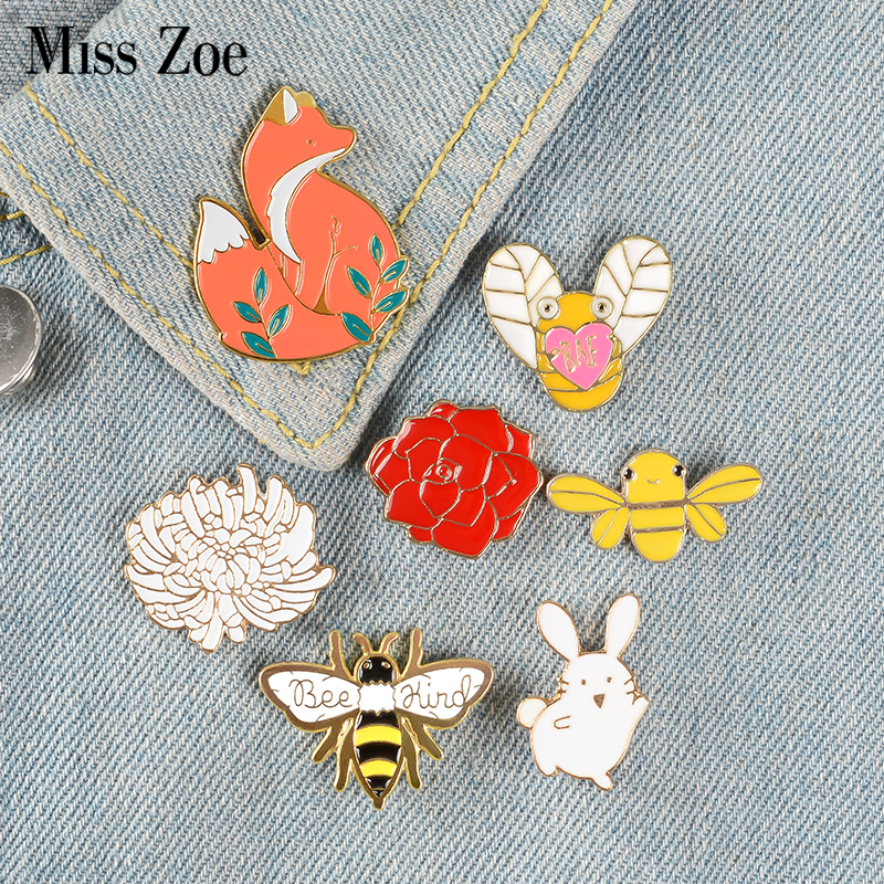 Forest Elf Collection Enamel Pins Cartoon Animals Brooches Fox Bee Rabbit Flowers Lapel Pin Custom Badges Gift for Kids Girl