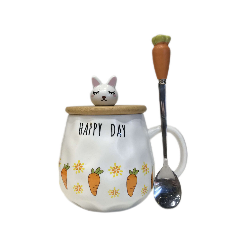 300-400ml Cute Rabbit Mug GIRL'S Cartoon Ceramic with Lid Spoon Carrot Glass Breakfast Milk Gift Cup 4 Styles Fresh Coffee Cup