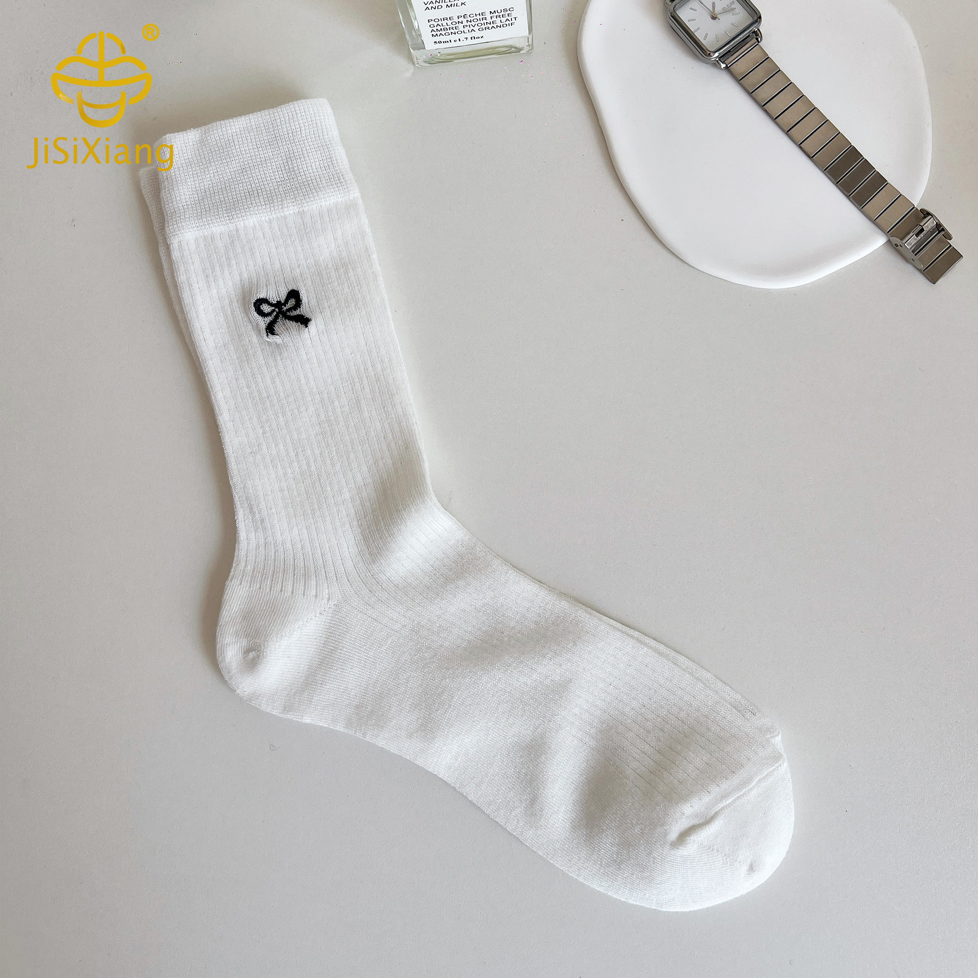 White embroidered mid tube socks