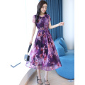 Chiffon Plus Size Women belt Short Sleeve O-neck Tea-length A-line Floral Print Dark Blue Purple Hpliday Cocktail Dresses 9755