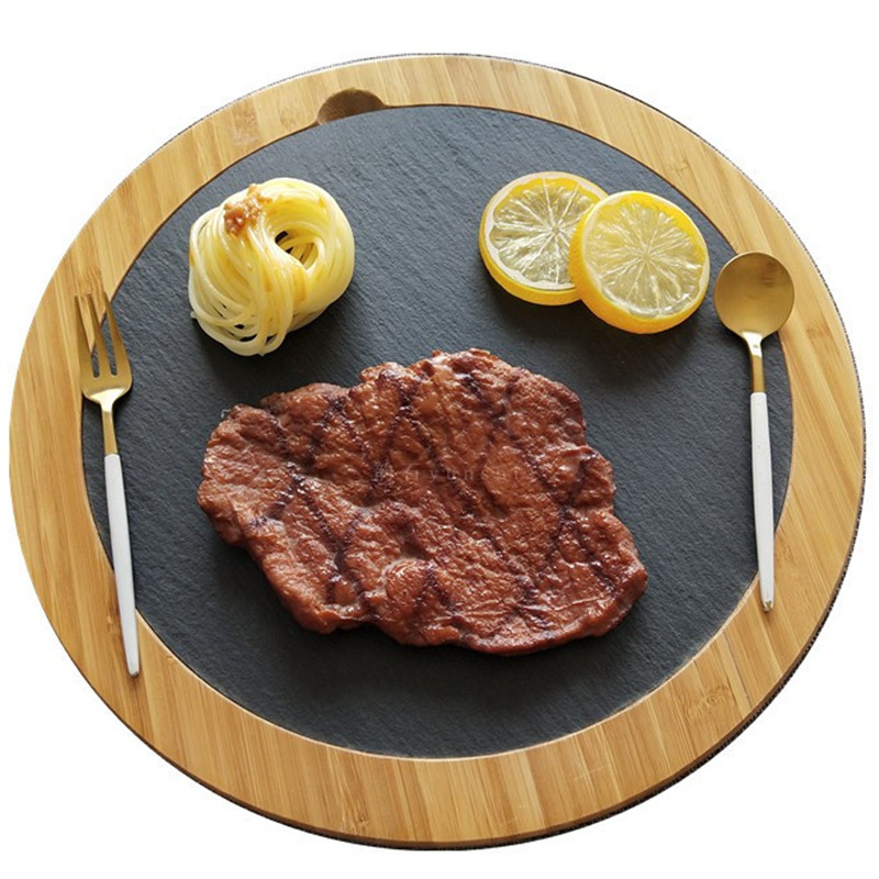 Western Natural Round bamboo wooden tray with stone slate steak Sushi BBQ plate meat fruit Dessert cake Mousse pizza dishes