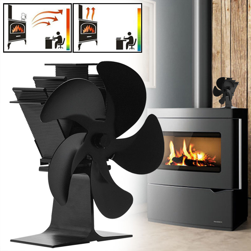 Black 5 Blades Heat Powered Stove Fan Log Wood Burner Eco-fan Quiet Black Home Fireplace Fan Efficient Heat Distribution