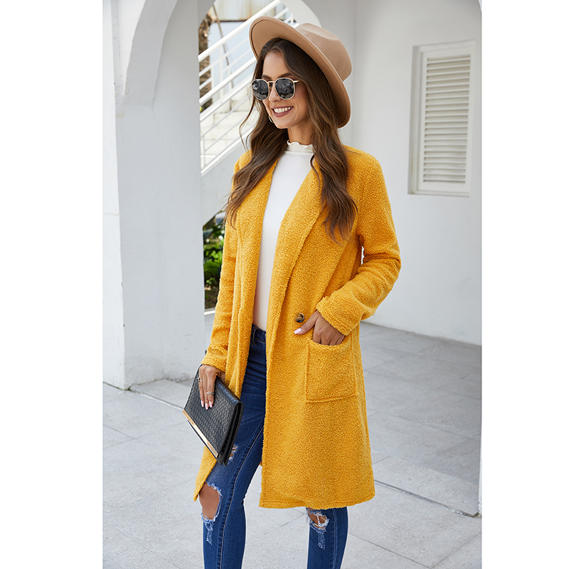 2020 New Fashion Women's Coat Autumn Winter Long-sleeved Plush Wool&Blends Women's Long Coat Winter Yellow/Khaki manteau femme