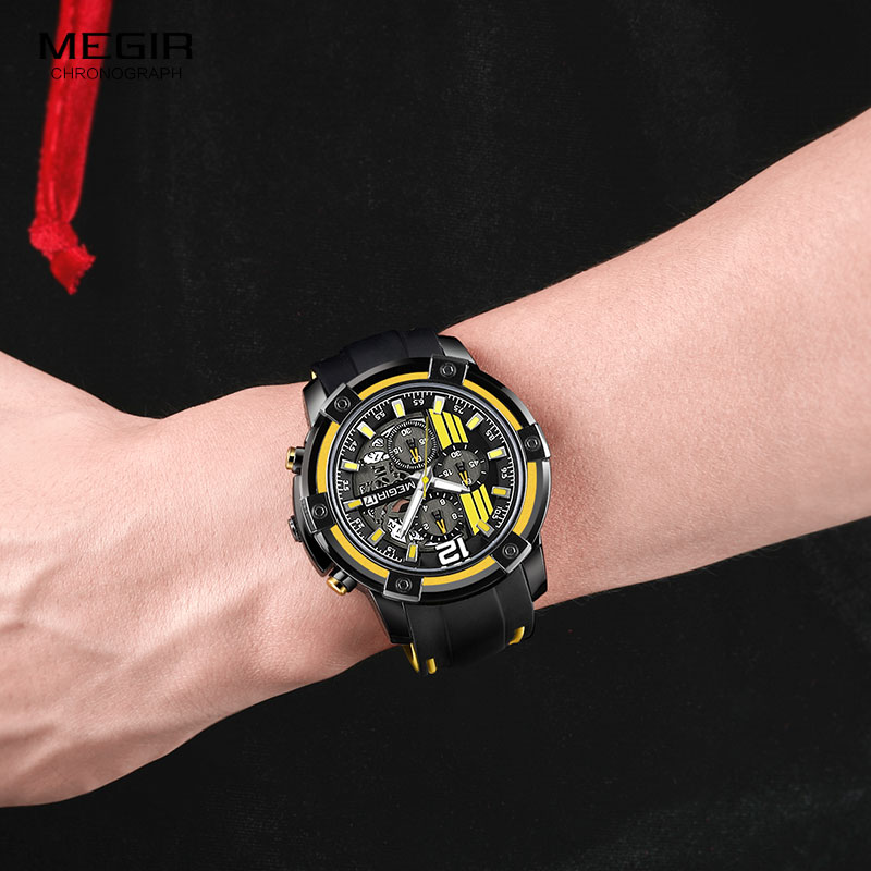Megir Men's Black Silicone Strap Quartz Watches Chronograph Sports Wristwatch for Man 3atm Waterproof Luminous Hands 2097 Yellow