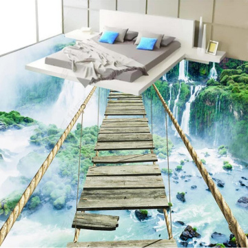 Custom 3D Floor Mural Wallpaper Modern Landscape Waterfall Thrilling Rope Bridge Self Adhesive PVC Floor Sticker Bathroom Decor