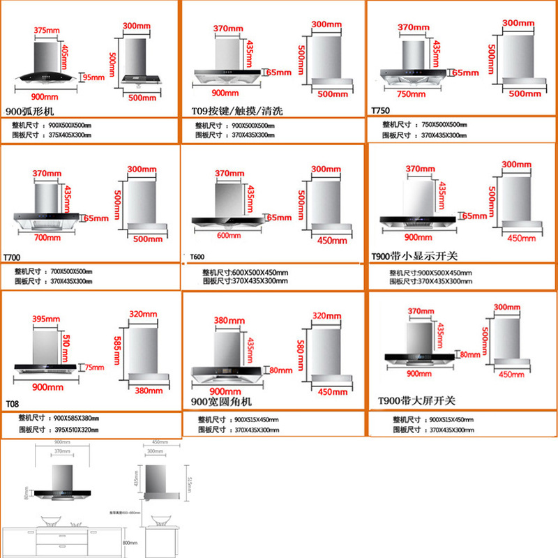 Top suction T-type high suction range hood in supercharging mode, full screen control with 8 keys for explosion and suction in f