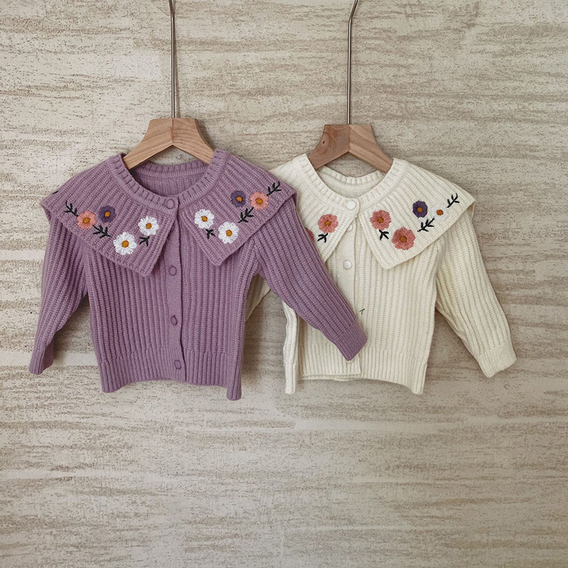 MILANCEL 2020 Baby Sweaters Ruffle Collar Infant Girls Knitwear Embroidery Baby Cardigans