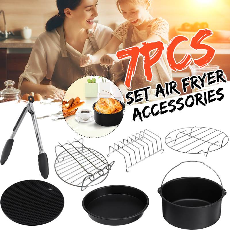 7PCS Electric Deep Fryer Parts Fit for 7 Inch 3.5-5.3QT Airfryer Baking Basket Pizza Pan Plate Grill Pots Kitchen Cooking Tools
