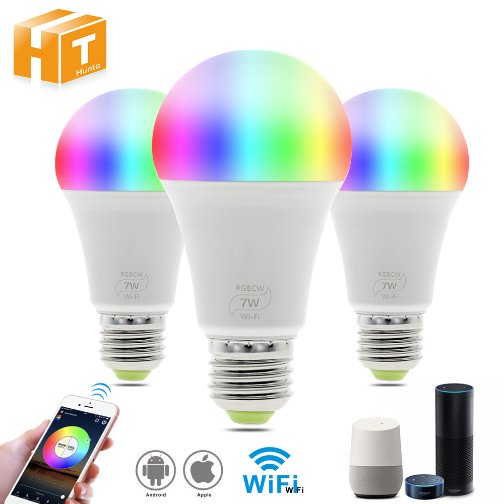 Smart WIFI LED Bulb work with Amazon Alexa & Google Home RGB + Warm Light + White Light E27 7W AC85-265V LED Bulb Light.