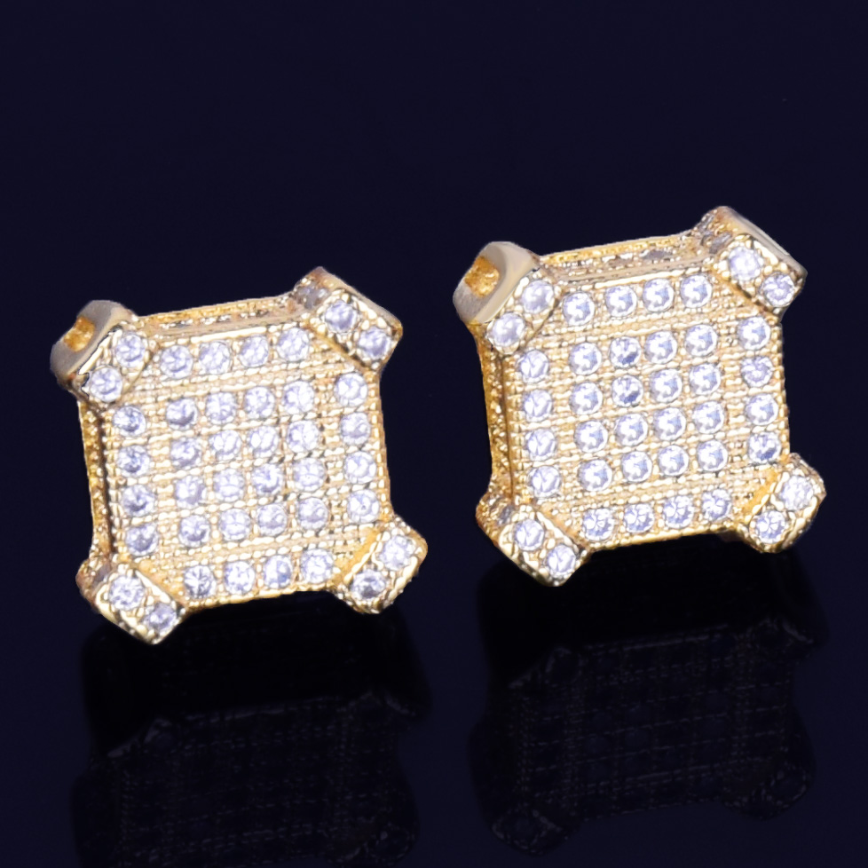10MM Square Stud Earring Gold Color Charm Screw Back Full AAAA Zircon Women Men's Fashion Earrings Hip Hop Jewelry