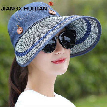 New Fashion Flat Sun Hat Women's Summer bow Button Straw Hats For Women Beach Headwear 6Colors chapeau femme Gift