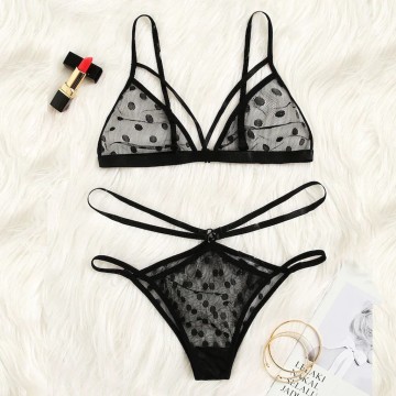 Sexy Lingerie 2Pcs Underwear Set Lace Dot Print Sexy Women Intimates Thongs V-String Transparent Female Underwear Bra Set #W