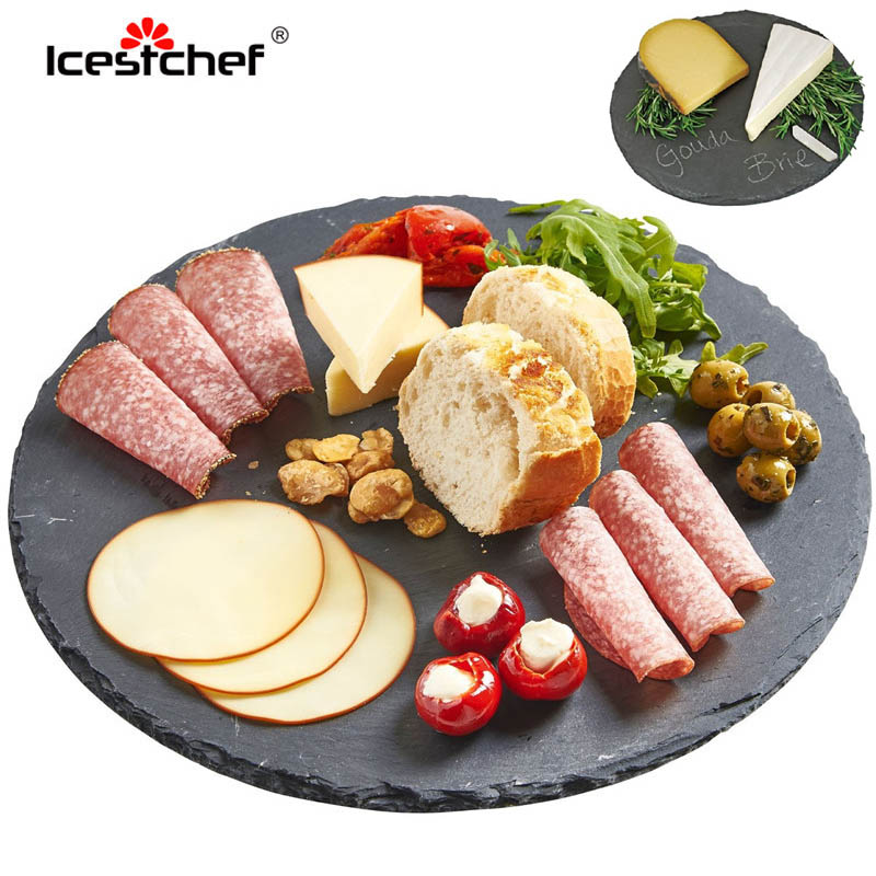 ICESTCHEF Round Natural Black Slate Western Steak Plates Slate Dinner Plate Kitchen Cheese Pizza Flat Fruit Tray