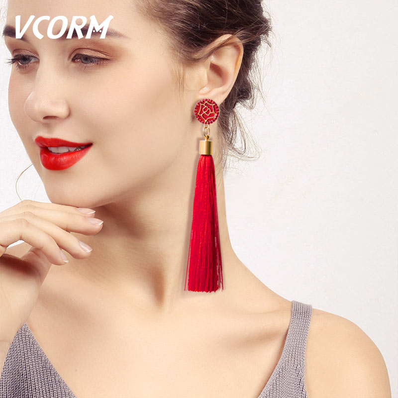 VCORM Bohemian Tassel Crystal Long Drop Earrings for Women Red Cotton Silk Fabric Fringe Earrings 2020 Fashion Woman Jewelry