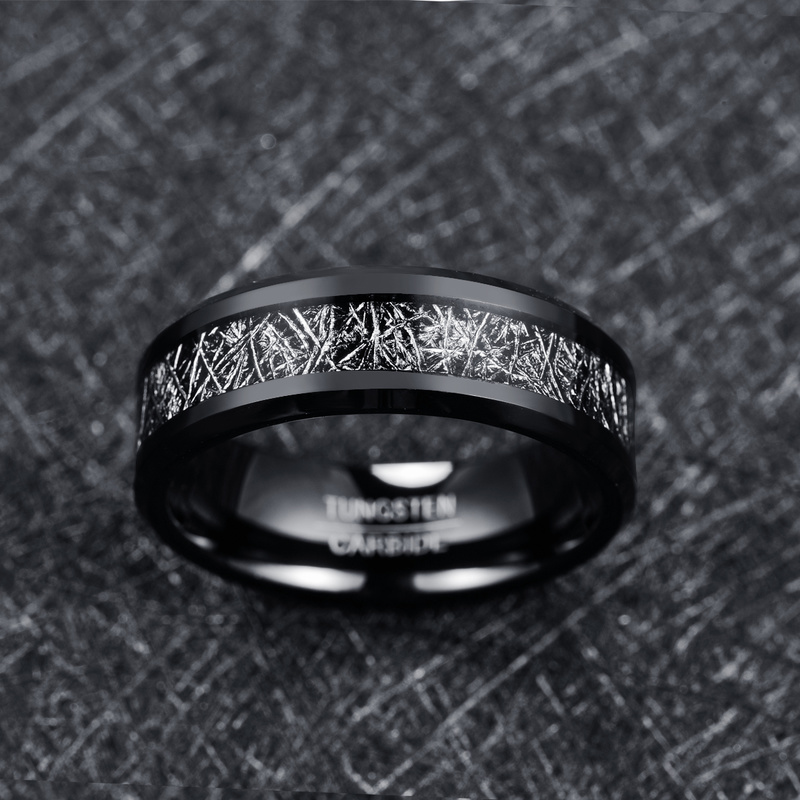 8mm Men's Width Tungsten Carbide Ring Electroplated Black Inlaid Black Imitation Vermiculite Wedding Band Tungsten Ring