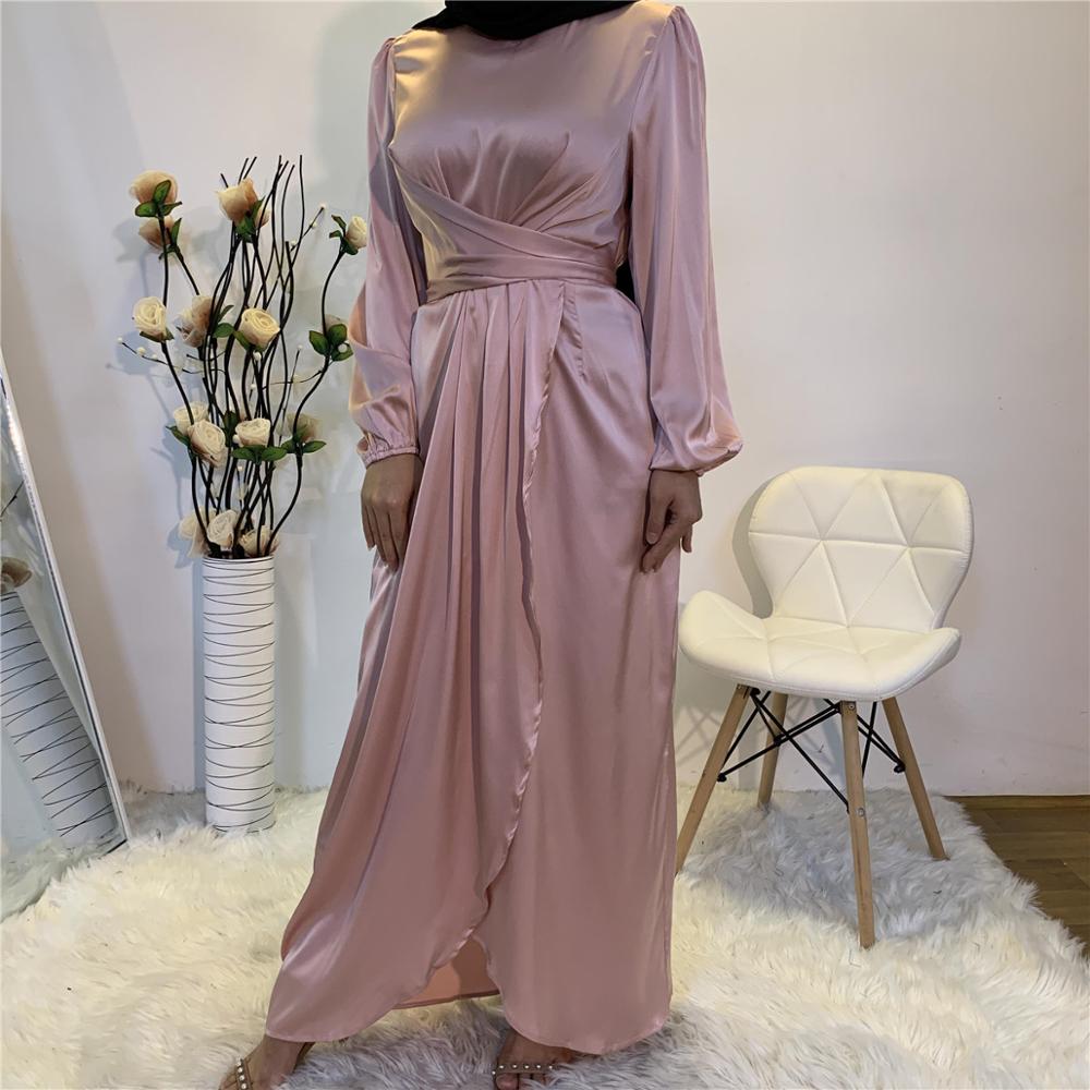 Eid Mubarak Abaya Dubai Turkey Satin Hijab Muslim Dress India European American Islam Clothing Dresses For Women Vestidos F1929