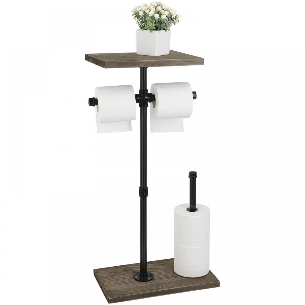 Standing Toilet Paper Holder with Reserve Wood Shelf