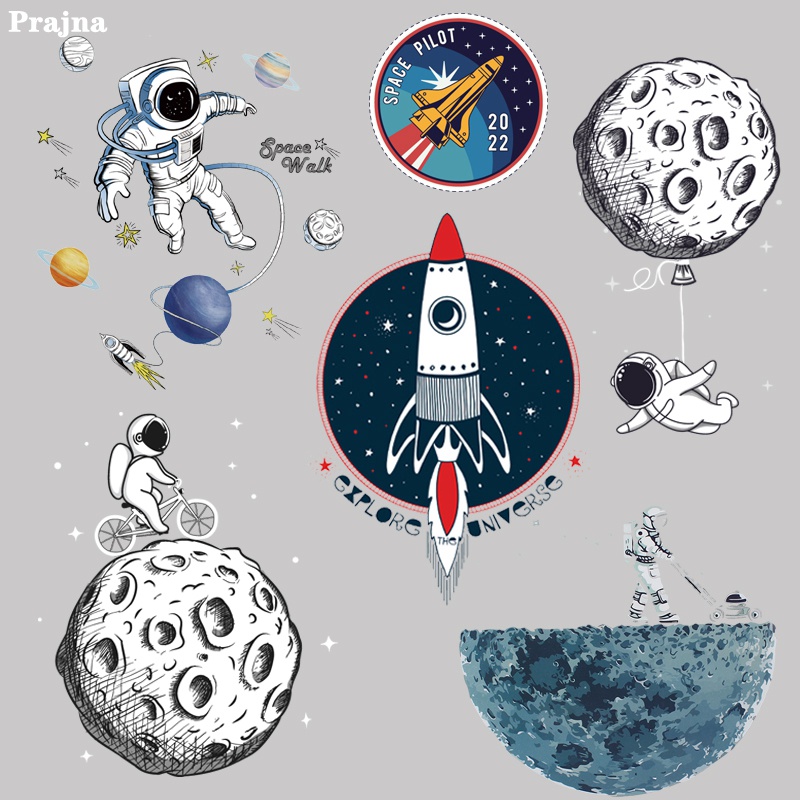 Prajna Iron on Transfers Astronaut Patch Moon Applique Heat Transfer Vinyl Space Patches Stickers Stripes On Clothes T-shirt DIY