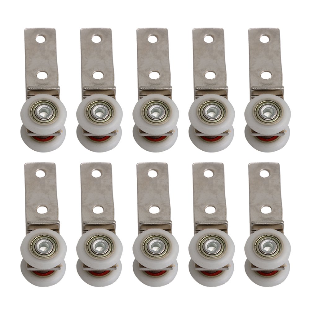 10Pcs 2.55x0.74inch Bend Pipe Metal Bearing Pulley Block with Two Plastic Wheel for Sliding Door Window Cabinet