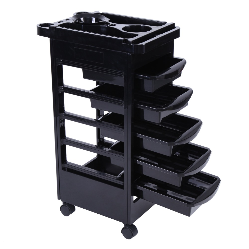 Spa Hairdresser Coloring Hair Barber Salon Trolley Rolling Storage Cart 5 drawers Stapelboy Black Barber