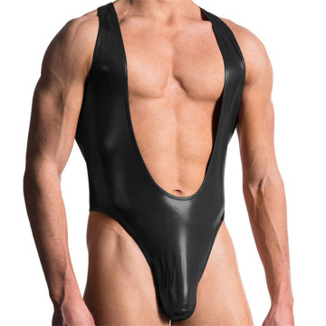 Sexy Men Jumpsuit Leotard Wrestling Singlet Struggles Bodysuits Underwear PU Leather Elephant Bugle Pouch Jumpsuits Undershirt