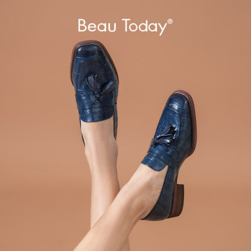 BeauToday Fringe Loafers Women Genuine Cow Leather Alligator Pattern Square Toe Slip On Ladies Flats Dress Shoes A27053