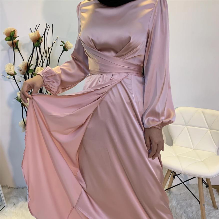 Eid Mubarak Abaya Dubai Turkey Satin Hijab Muslim Dress India European American Islam Clothing Dresses For Women Vestidos F1929