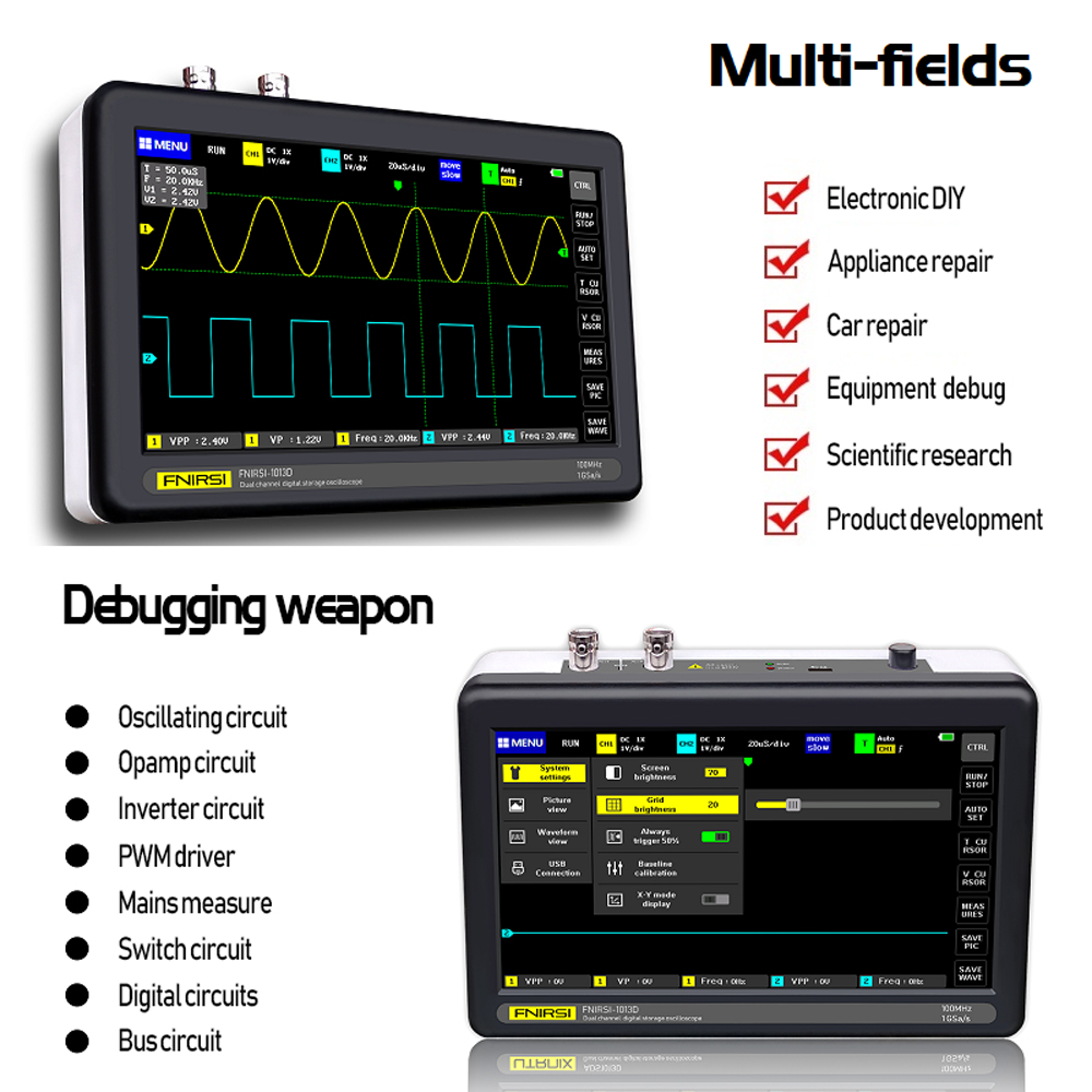 ADS1013D 2 Channels 100MHz Band Width 1GSa/s Sampling Rate Oscilloscope W/ 7 Inch Color TFT LCD Touching ScreenPortable Digital